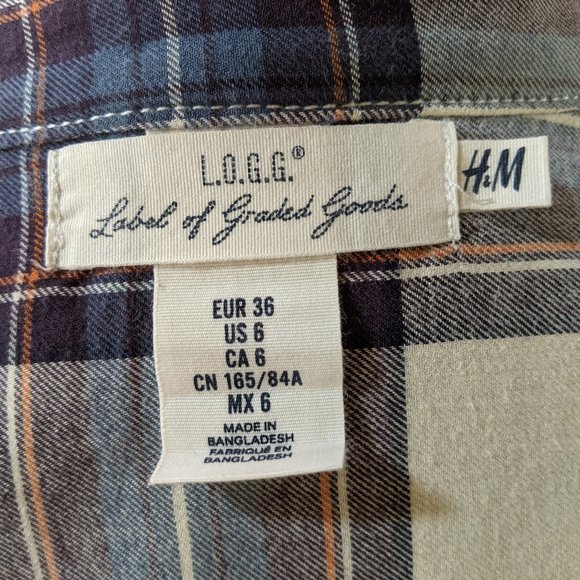 H&M Logg Flannel Button Up Shirt Cream Plaid - Picture 6 of 7